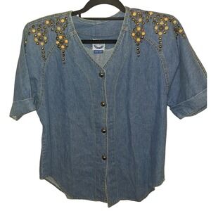 Vintage 80s Cropped Denim Cotton Studded Top Size 12p Retro Boho Western